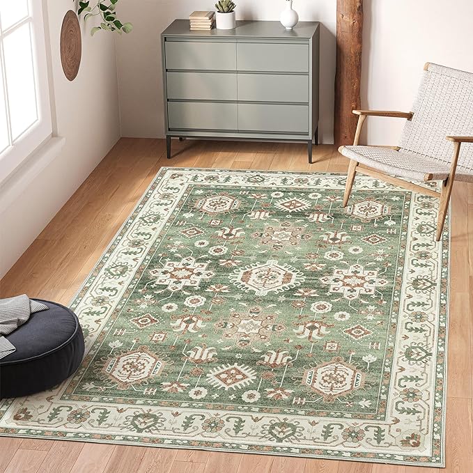 Washable Rug 5x7 - Ultra Thin Green Collection Area Rug, Stain Resistant Non-Skid Rugs