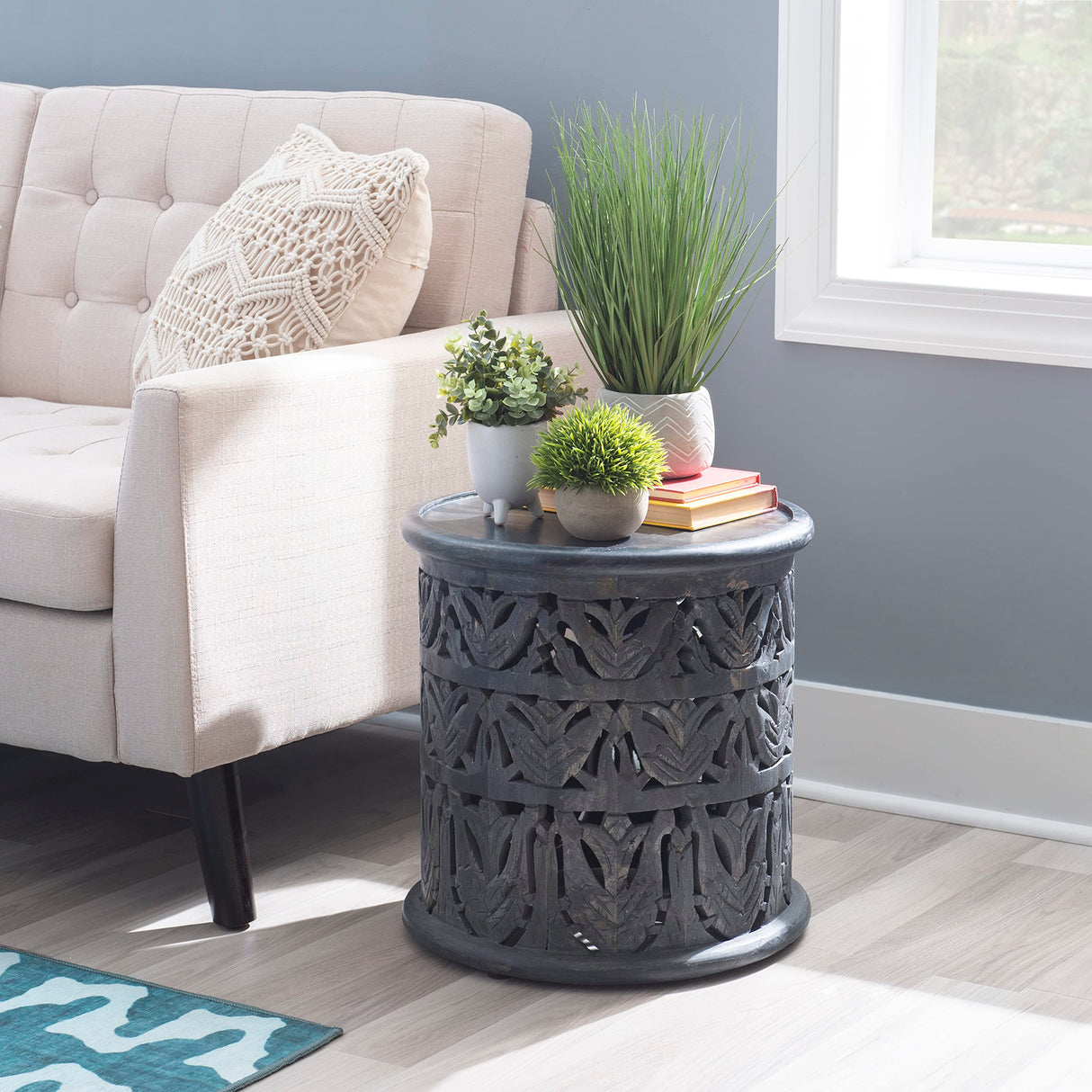 Dark Grey Hand Carved Details Tarton Round Side Table