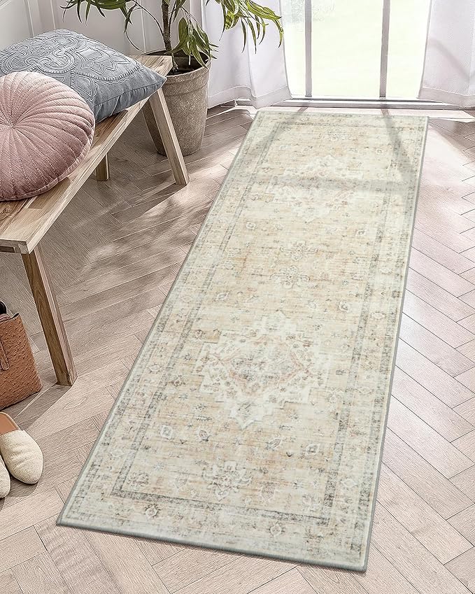 Boho Bedroom Rug 9x12 Under Bed, Soft Washable Beige Area Rugs for Living Room