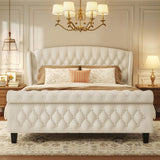 Queen Velvet Upholstered Sleigh Bed Frame with Wingback Headboard