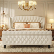 Queen Velvet Upholstered Sleigh Bed Frame with Wingback Headboard