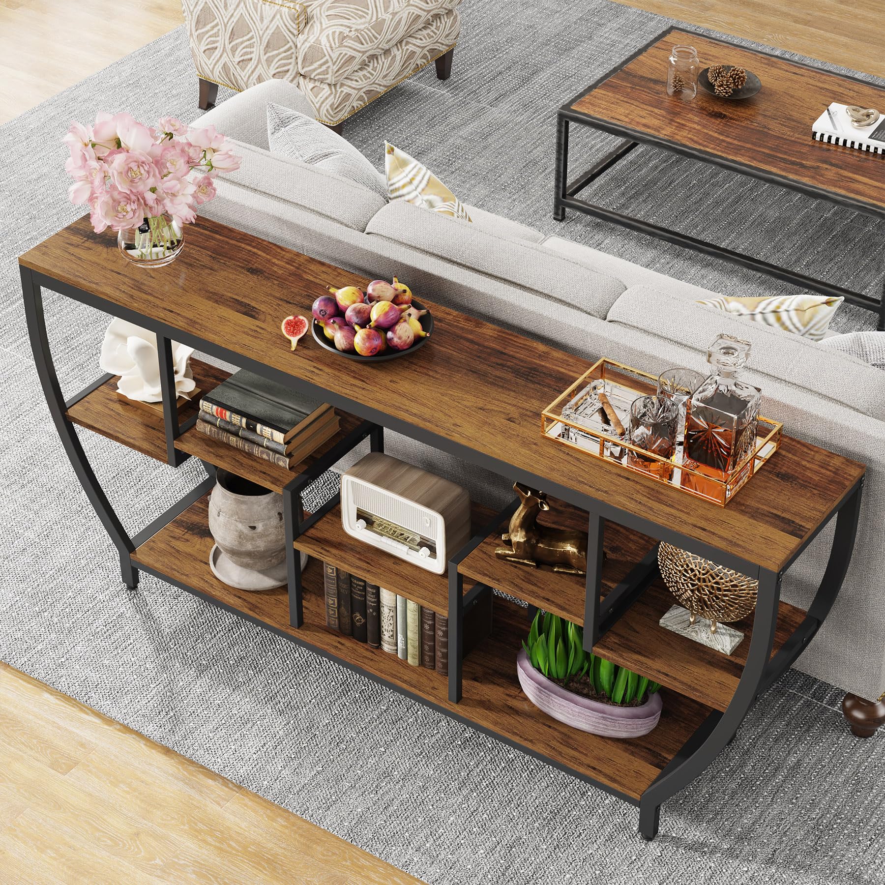 70.9 Inch Long Sofa Table with Shelves, Rustic Console Table with Storage