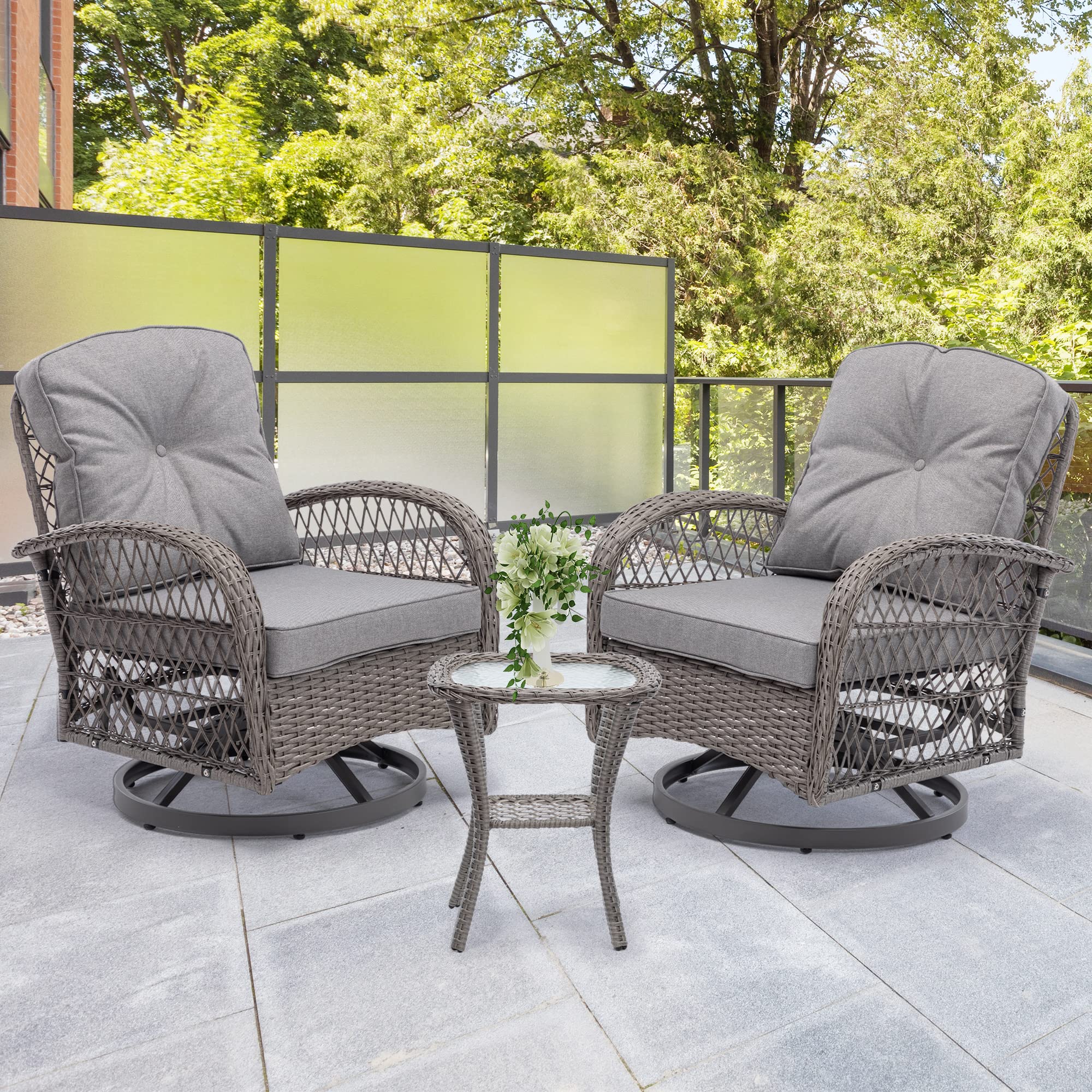 Swivel Patio Chairs, Outdoor Rocker Table and Chairs 3 Piece Bistro Set 360° Rattan Wicker