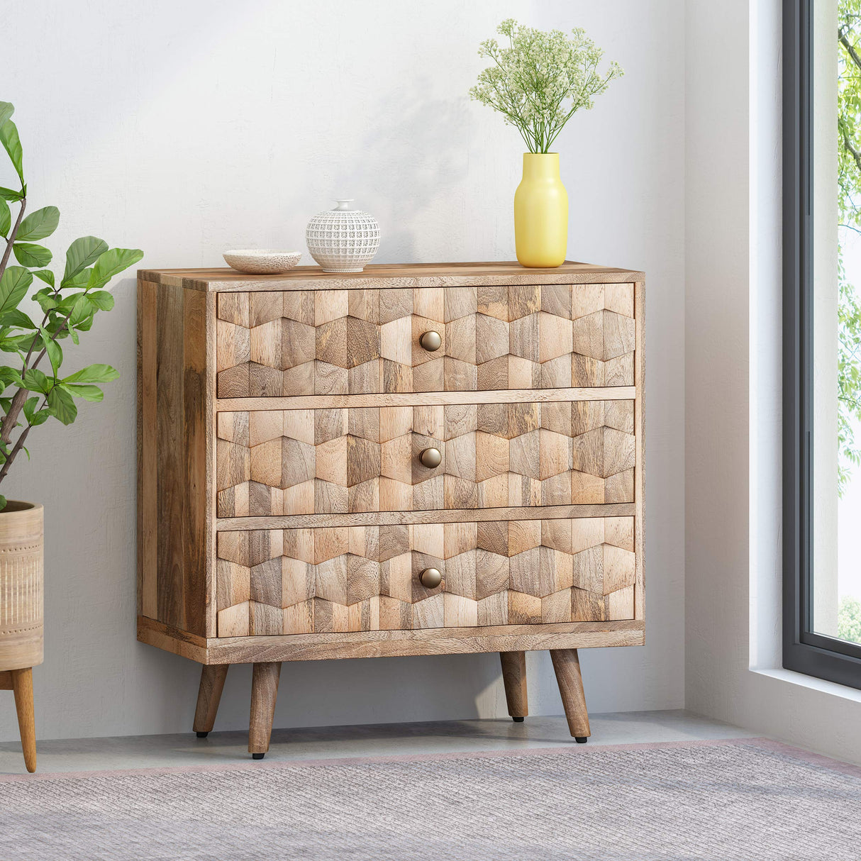Mid-Century Modern Mango Wood 3 Drawer Chest, Natural