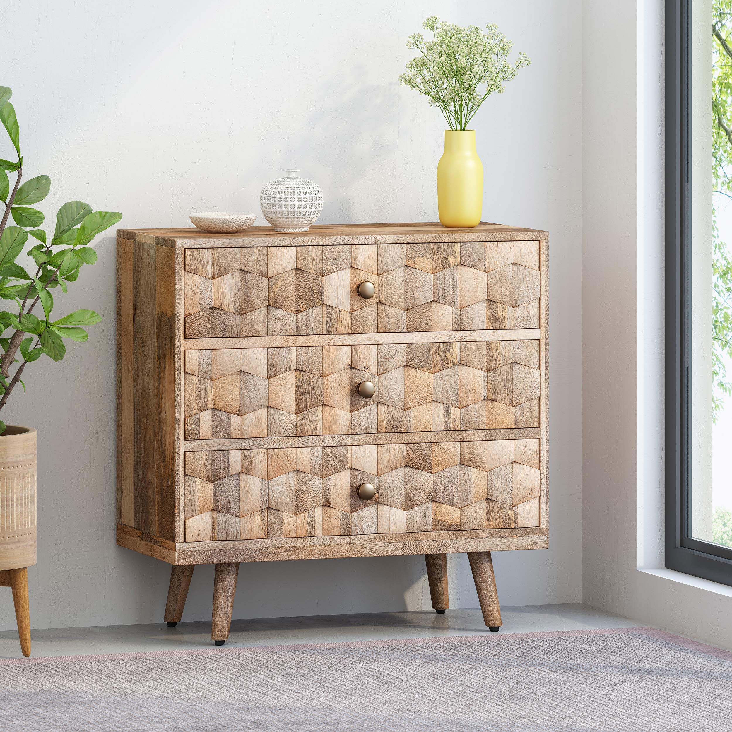 Mid-Century Modern Mango Wood 3 Drawer Chest, Natural