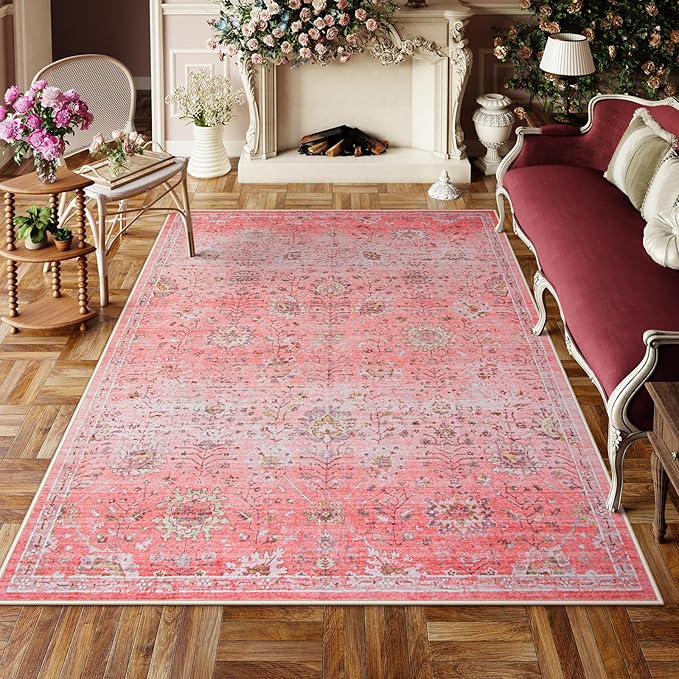 Pink Boho Area Rug, 8x10 Pink Rugs for Bedroom Girls Large Living Room Area Rugs