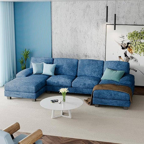 Convertible Sectional Sofa Couch, 4 Seat Sofa Set for Living Room U-Shaped Modern Fabric Modular Sofa Sleeper with Double Chaise & Memory Foam (Fabric, Blue)