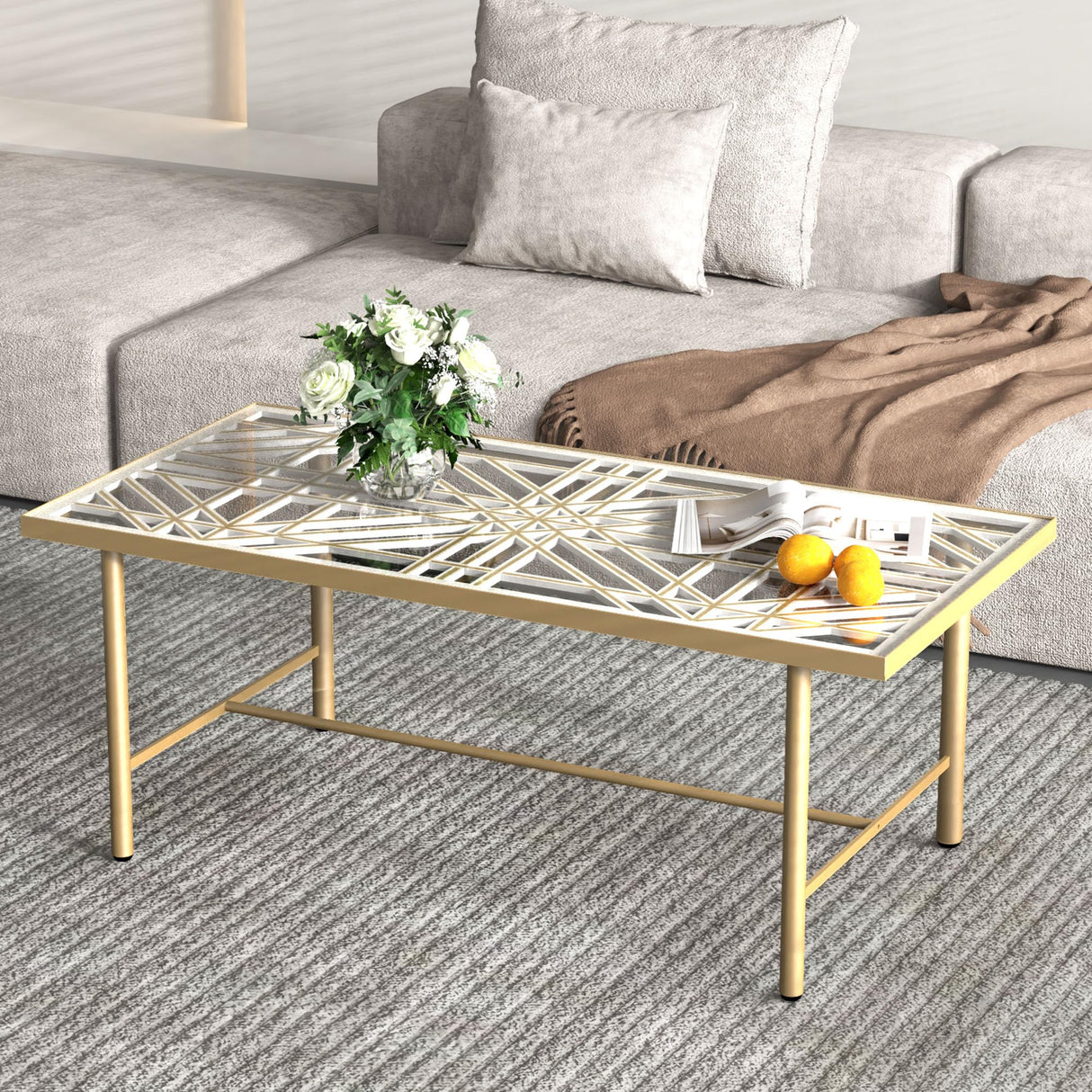 Rectangle Glass Coffee Table with 3D Hollow Carving Wooden Board, Modern Coffee Table