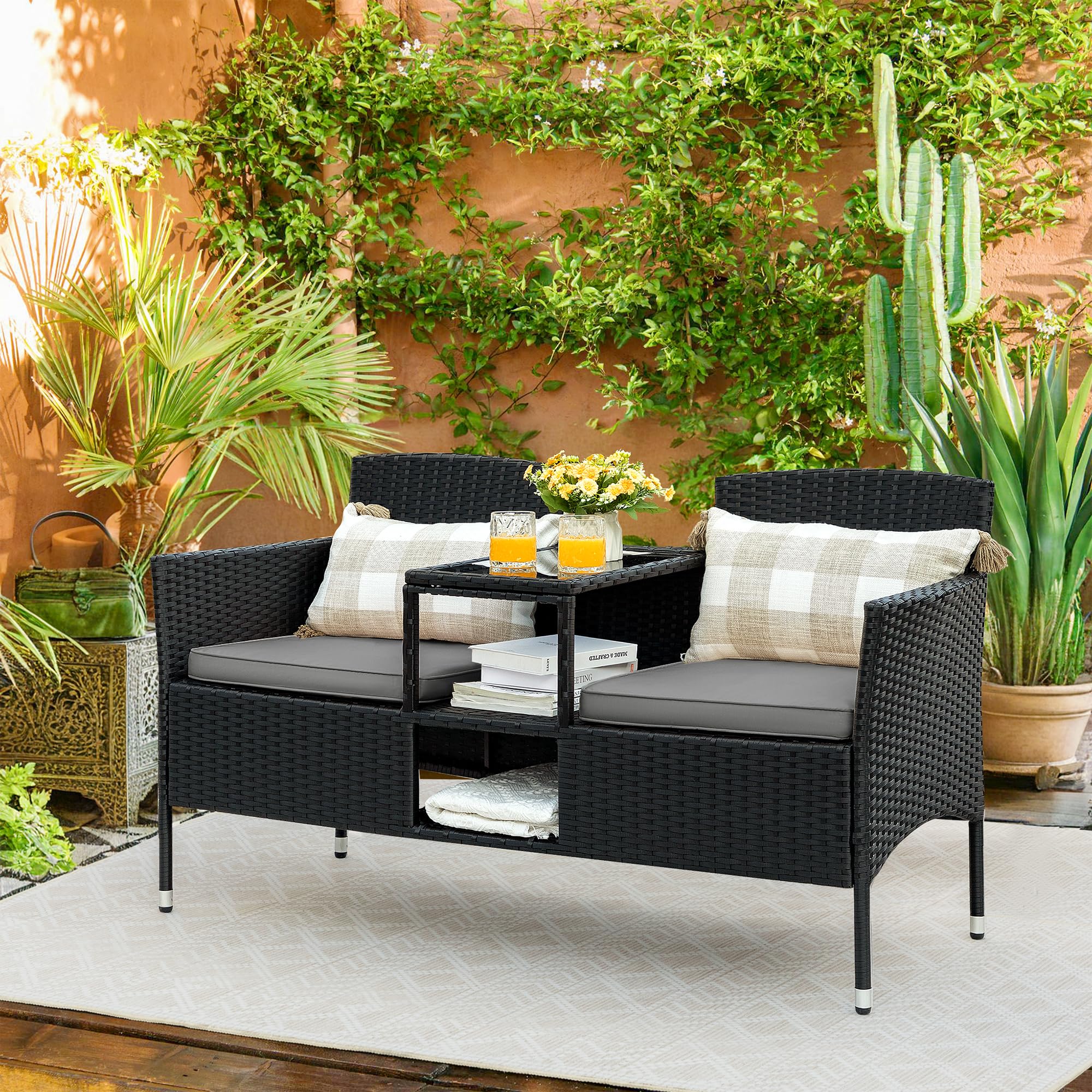 Outdoor Furniture Patio Loveseat Wicker 2-Seat with Built-in Table and Cushions