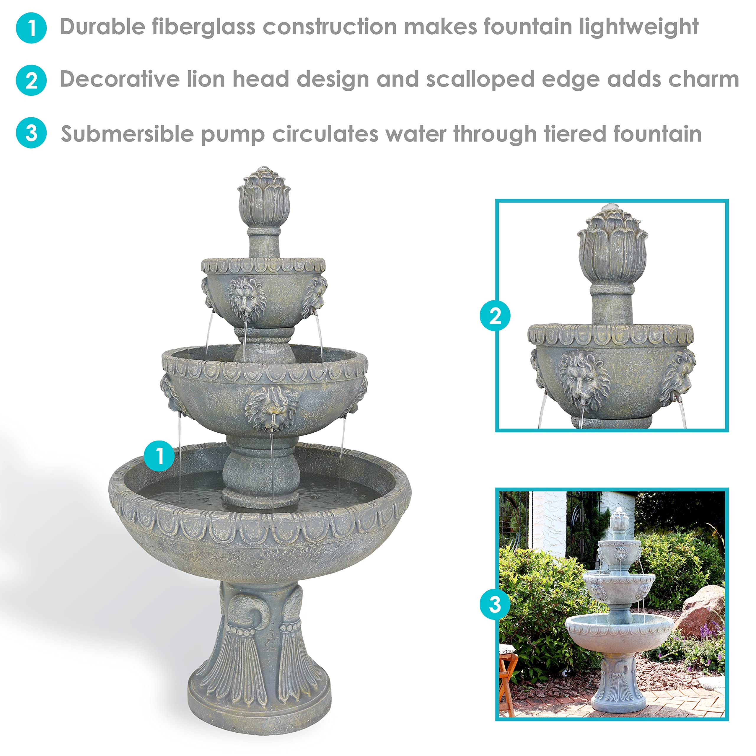 53-Inch 4-Tier Fiberglass Water Fountain - Electric Submersible Pump