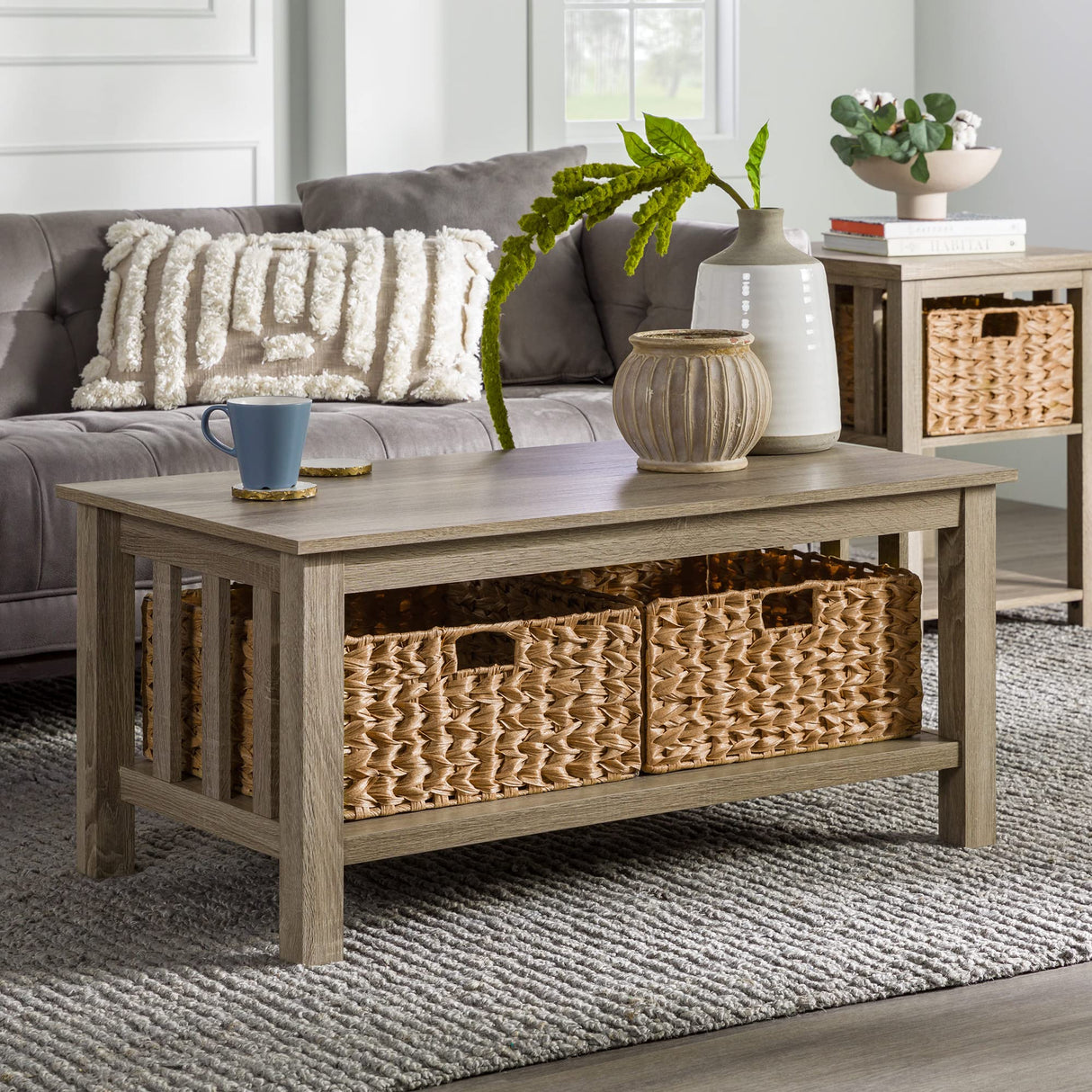 Alayna Mission Style Two Tier Coffee Table with Rattan Storage Baskets,