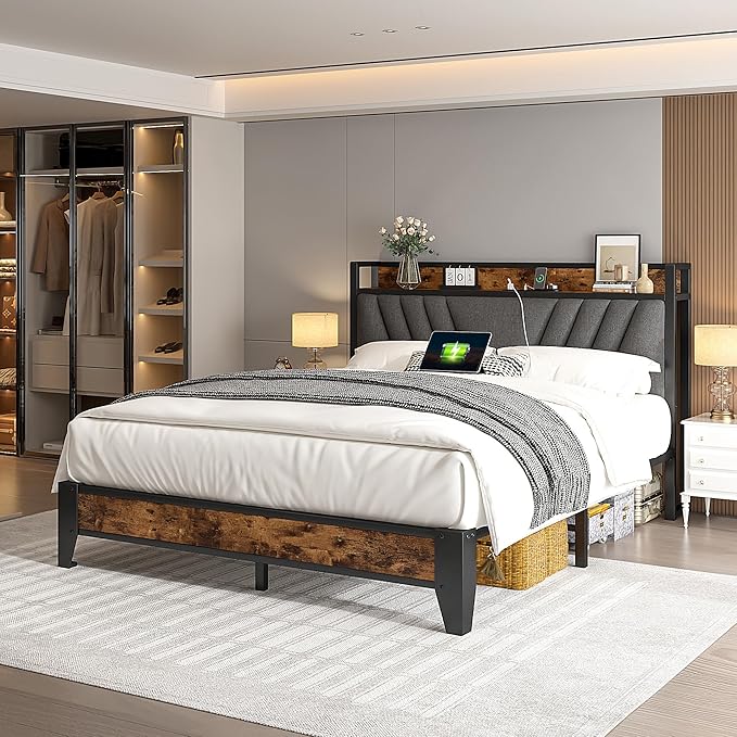 Twin Bed with Upholstered Storage Headboard and Charging Station