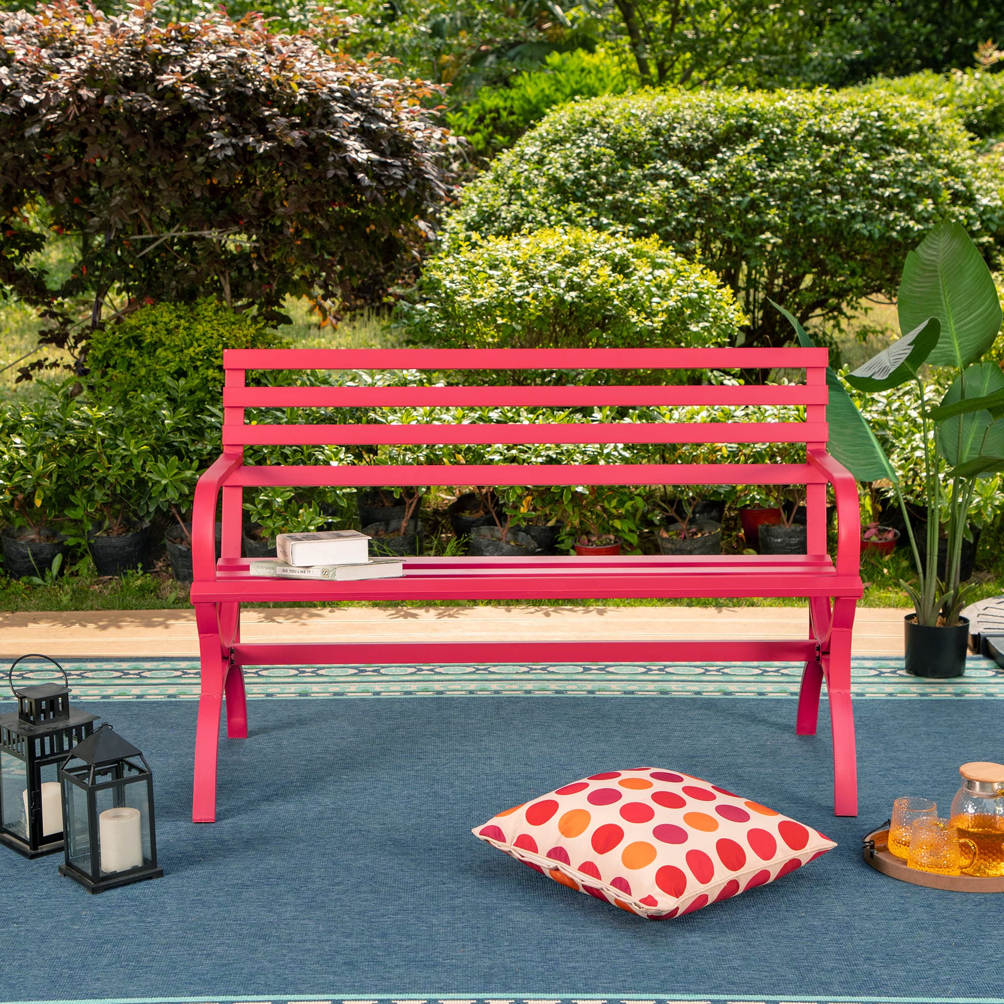 Outdoor Garden Bench, 48” Long Metal Steel Bench with Backrest and Armrests