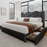 Upholstered Full Size Bed Frame with 4 Storage Drawers, Platform Bed Frame with Charging Station,