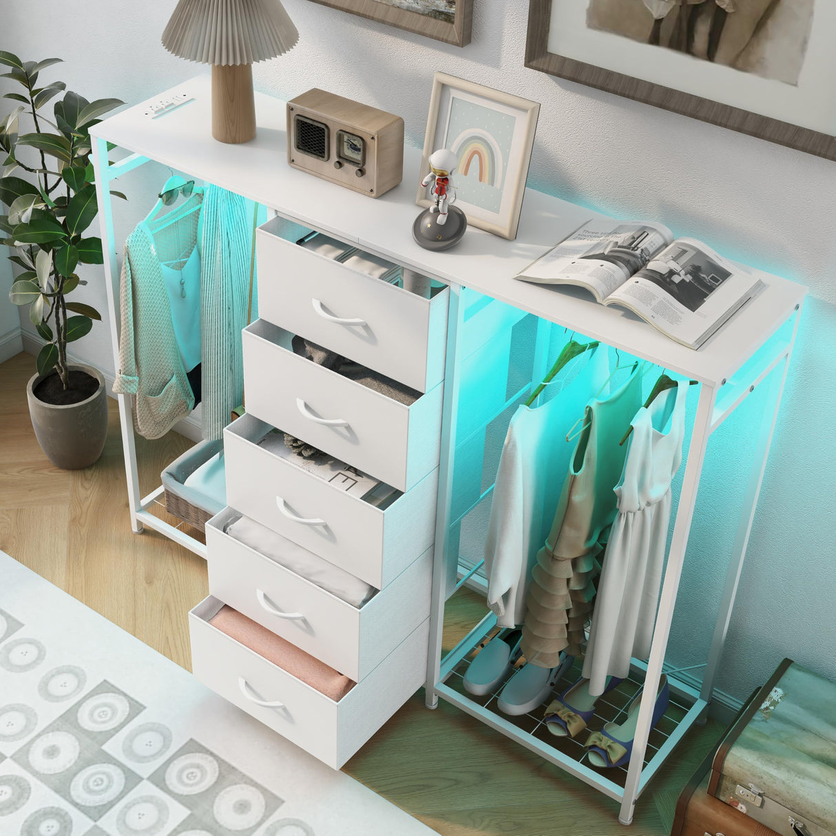 Dresser for Bedroom with Clothes Rack 5 Drawer Dresser with Charging Station LED Lights White Chest of Drawers Flexible Shelf and Open Storage