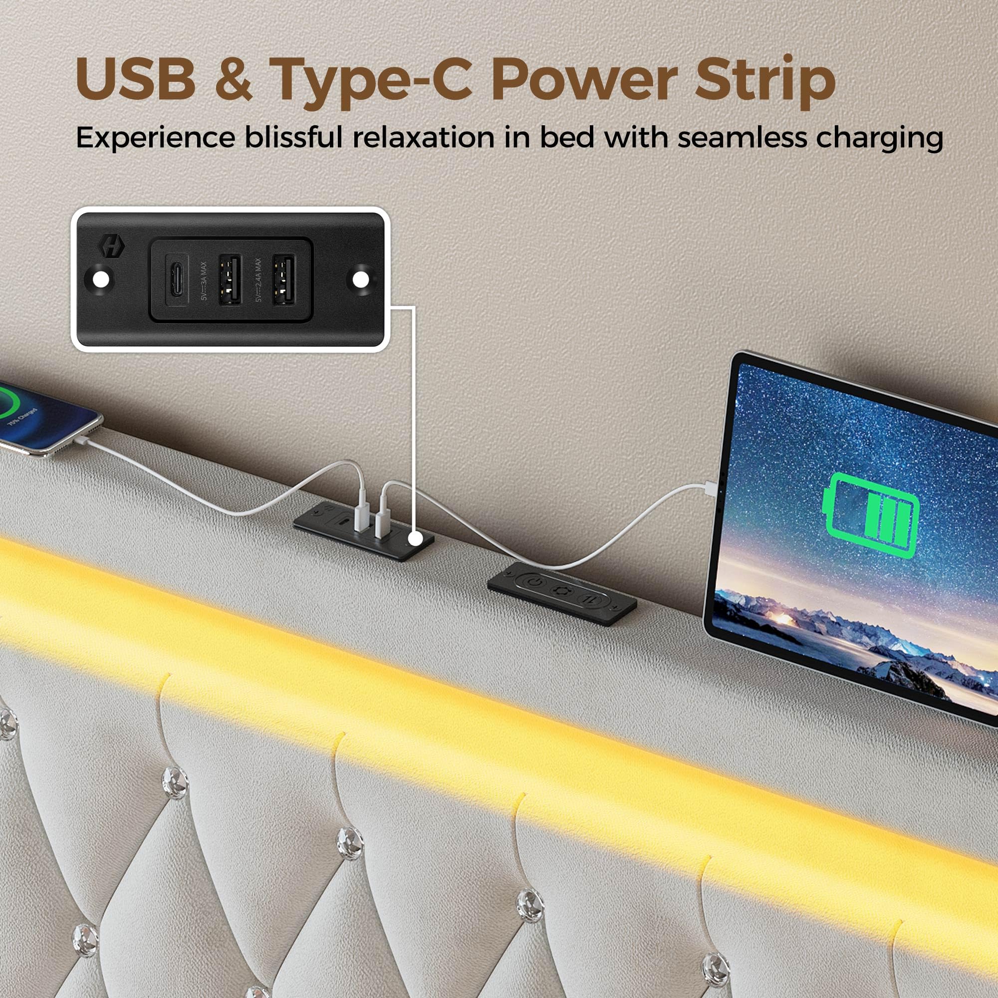 Full Bed Frame with LED Lights and Charging Station