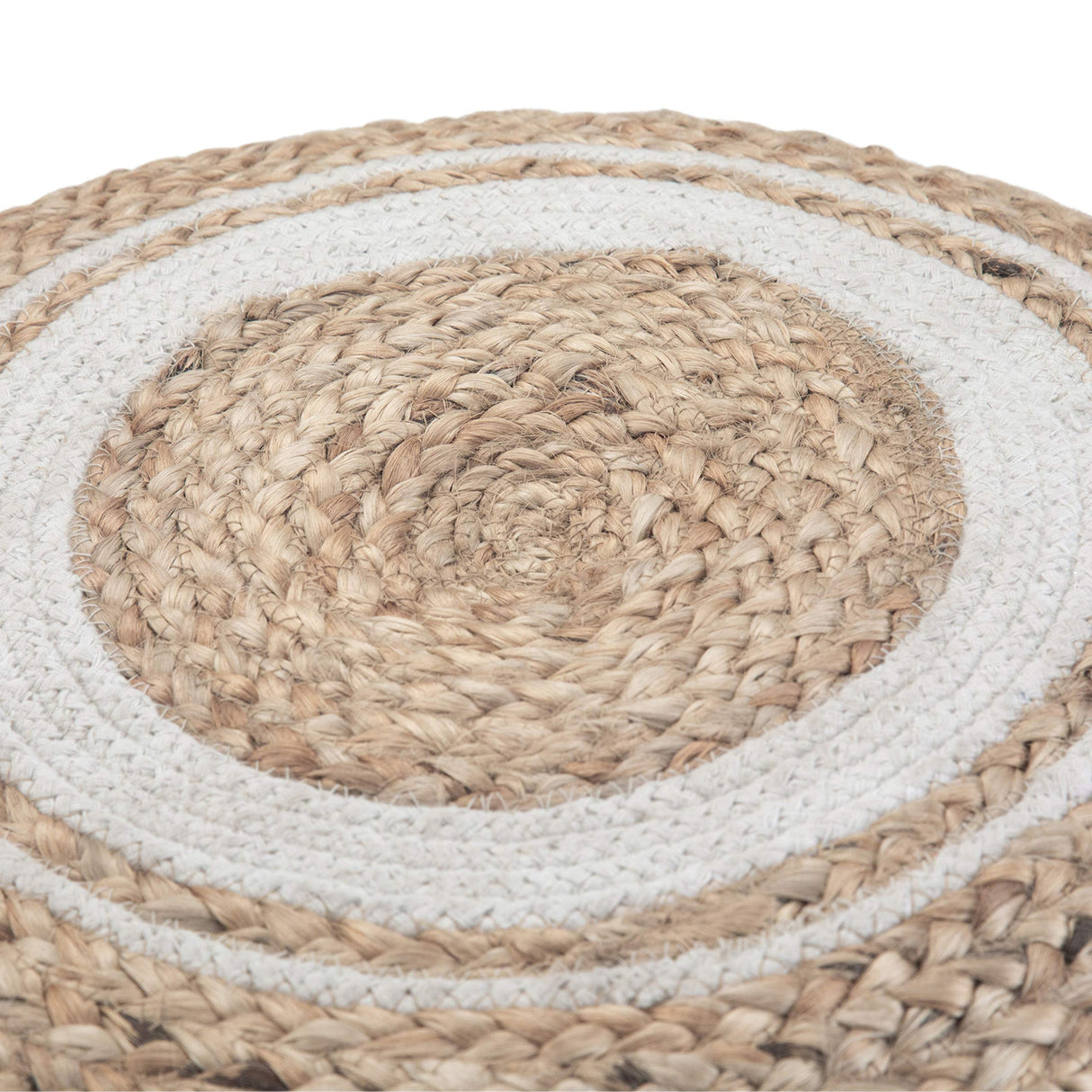 Serena Round Pouf, Footstool, Upholstered in Natural Cotton with Hand Braided Jute