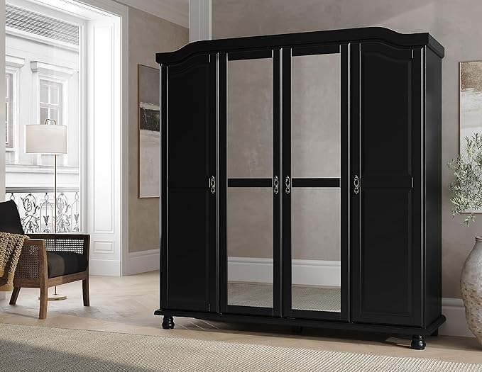 100% Solid Wood Kyle 4-Door Wardrobe Armoire Closet with Mirrored Doors