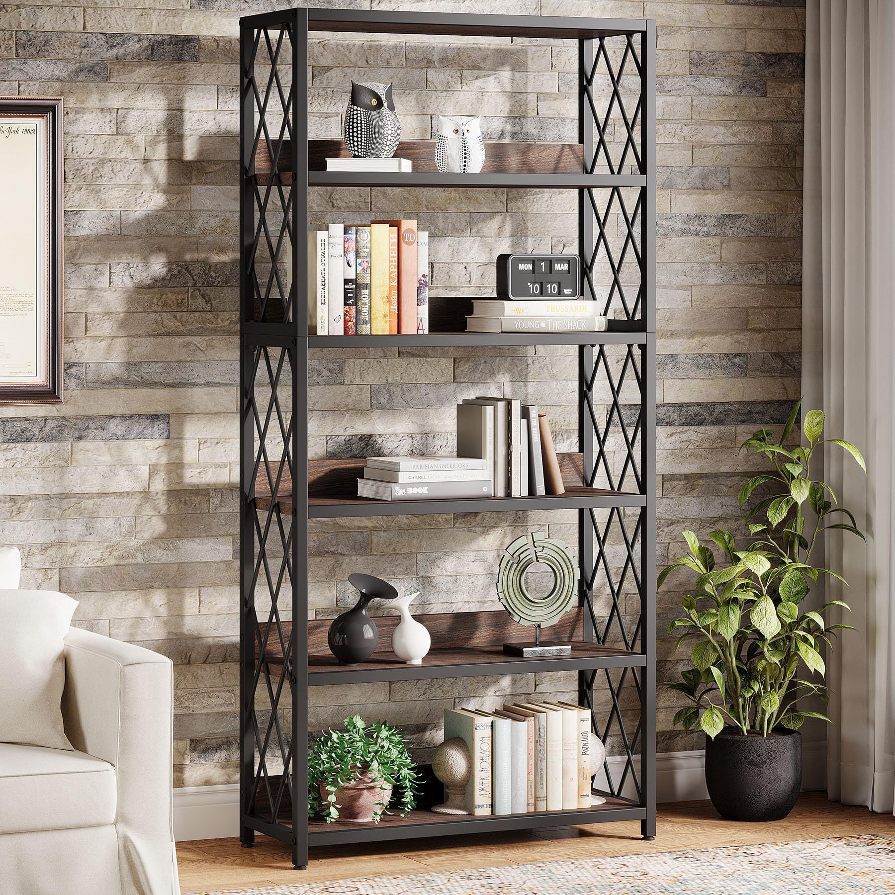 Tribesigns 67 Inch Book Shelf, 5 Tier Industrial Etagere Bookcase with Open Shelves, Tall Bookshelf for Living Room, Bedroom, Home Office (Brown + Black)