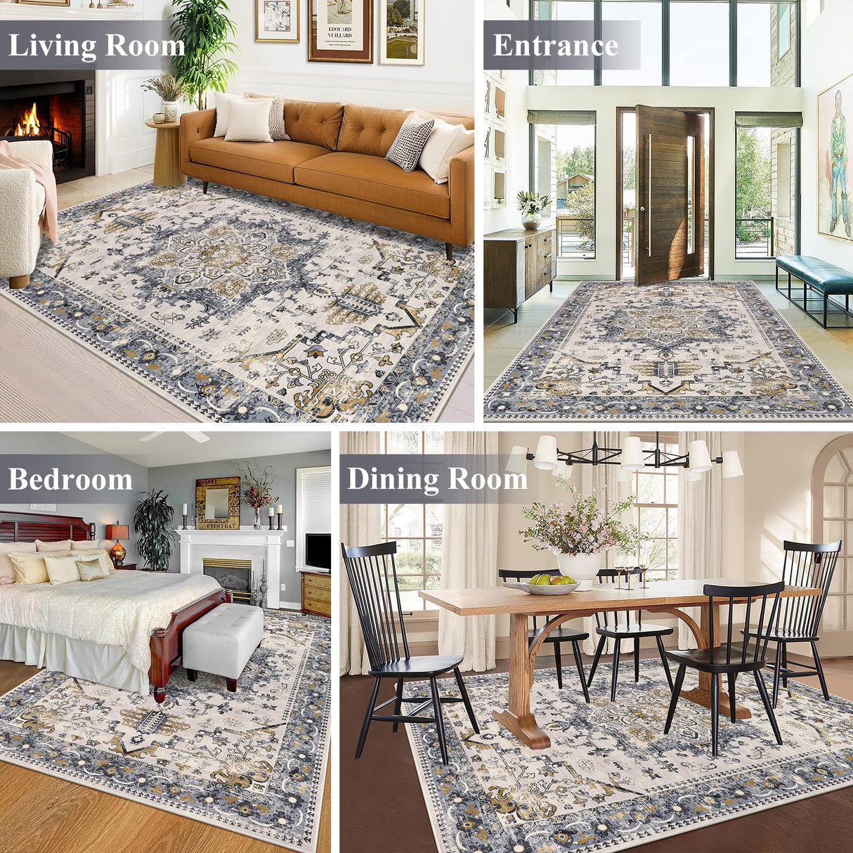 Washable Area Rug 6x9 - Non-Slip Boho Vintage Distressed Low Pile Carpet