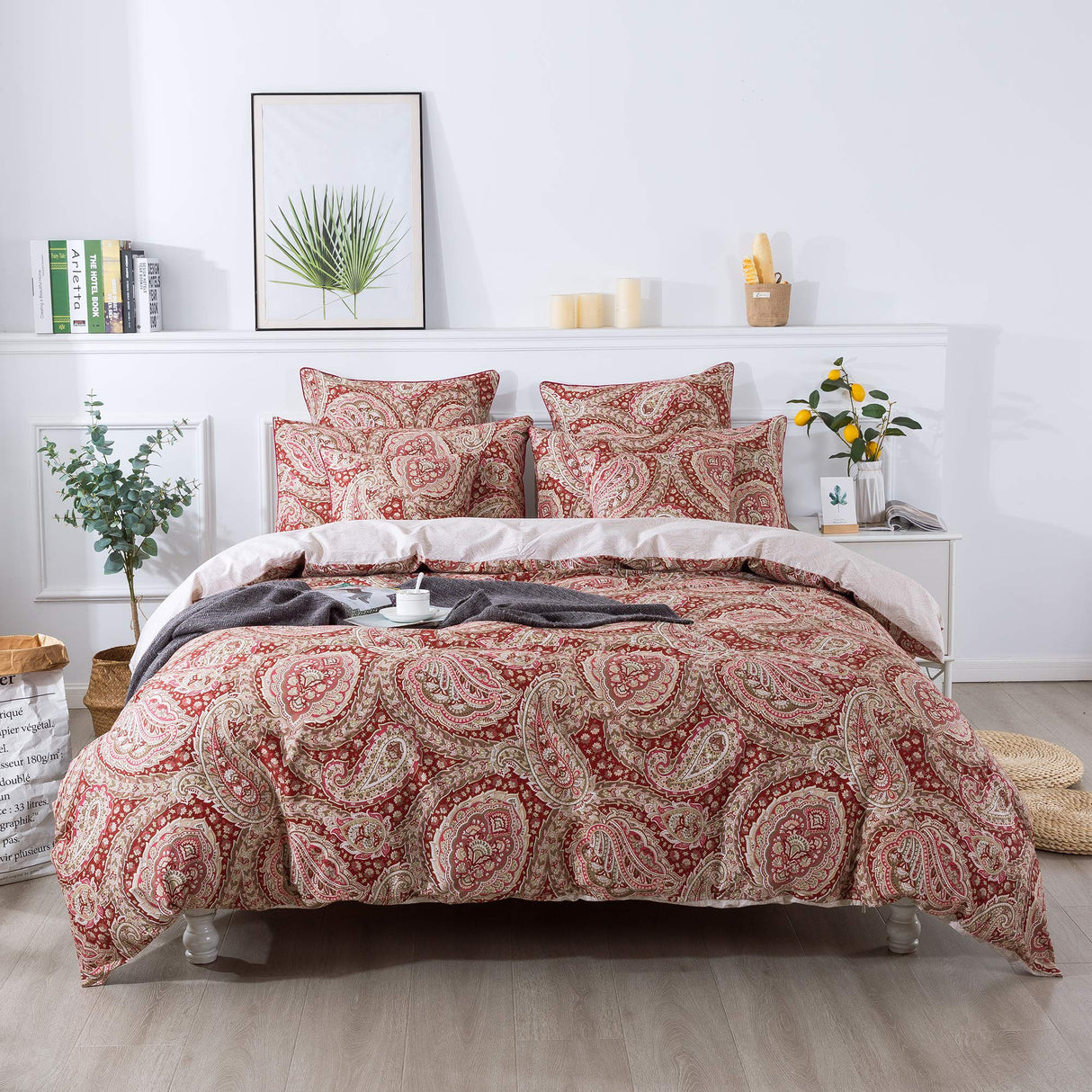 Paisley Duvet Cover Set Queen Red and Beige Reversible Paisley Floral Bedding 100%
