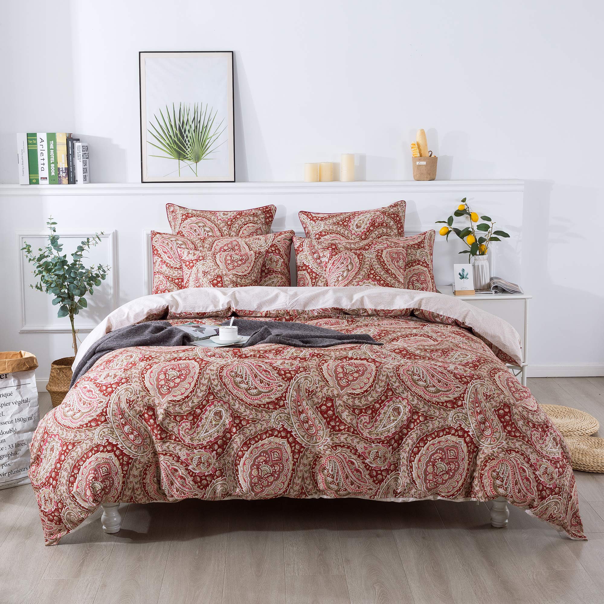 Paisley Duvet Cover Set Queen Red and Beige Reversible Paisley Floral Bedding 100%