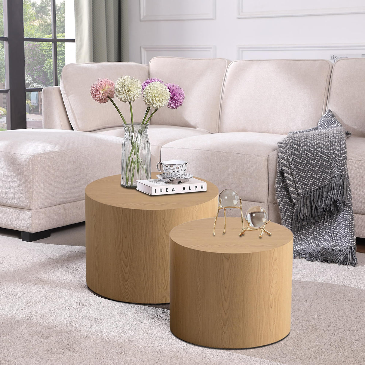 Round Nesting Coffee Table Set of 2 Modern Drum Coffee Table Side Table Storage