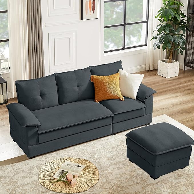 Upholstered Cloud Couch Sectional, 82" Modern Sofa with Ottoman Convertible, 3 Seater