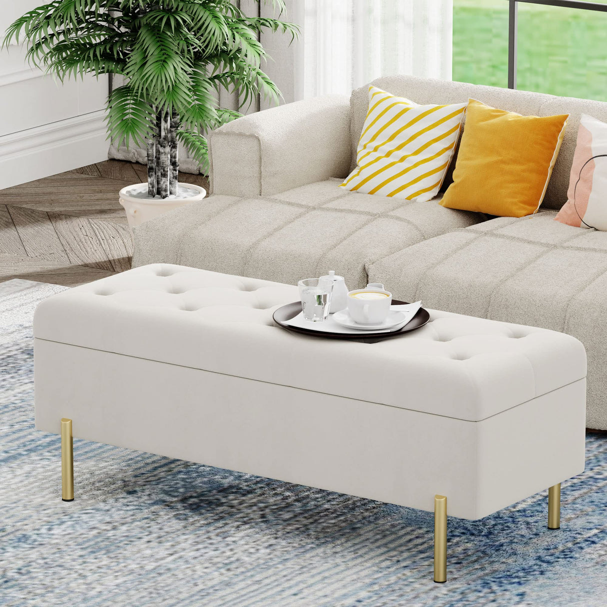 Velvet Storage Bench, Modern Bedroom Bench, Upholstered Tufted Large Settee Ottoman with Storage Bench for Bedroom,Living Room,Entryway, Ivory