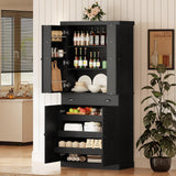 IRONCK Kitchen Pantry Cabinet 72" Height, Freestanding Cupboard with Drawer, Sliding Storage Rack, and 6 Hanging Shelves for Dining Room, Laundry, Living Room, Black