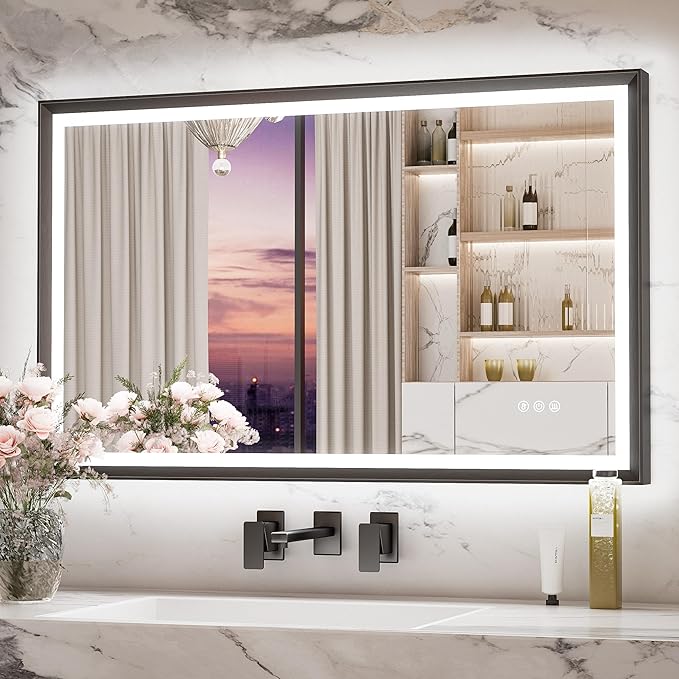 40 x 24 Inch Gold LED Bathroom Mirror, Gold Mirror with Frontlit & Backlit, Metal Framed