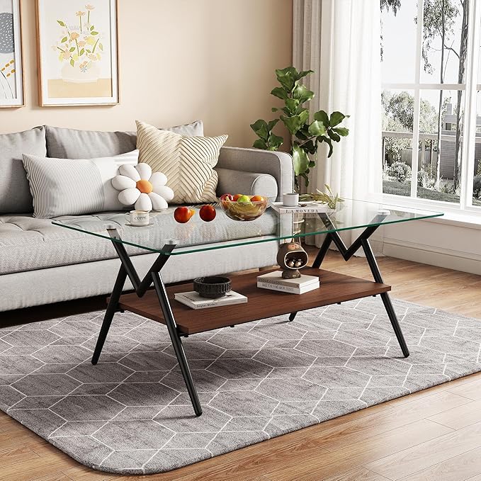 Glass Coffee Table Modern Rectangle Coffee Table with Tempered Glass Top