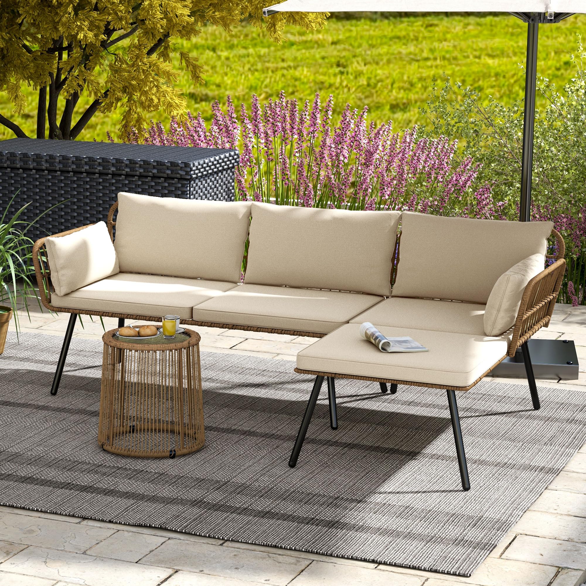 3 Pieces Patio Furniture Set, Wicker Conversation Sectional Sofa, L-Shaped Sofa