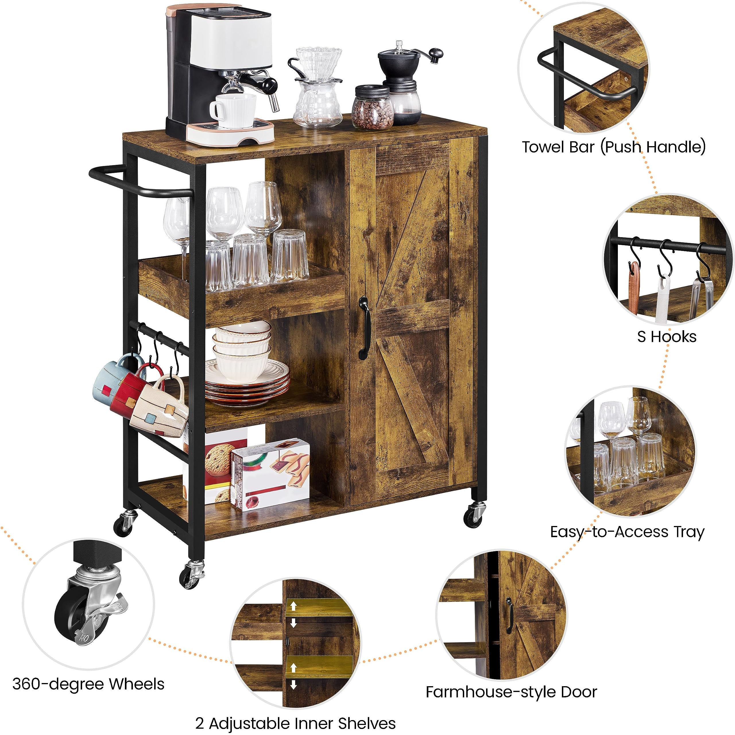 Kitchen Cart with Storage, Rolling Kitchen Island Serving Utility Trolley Cart