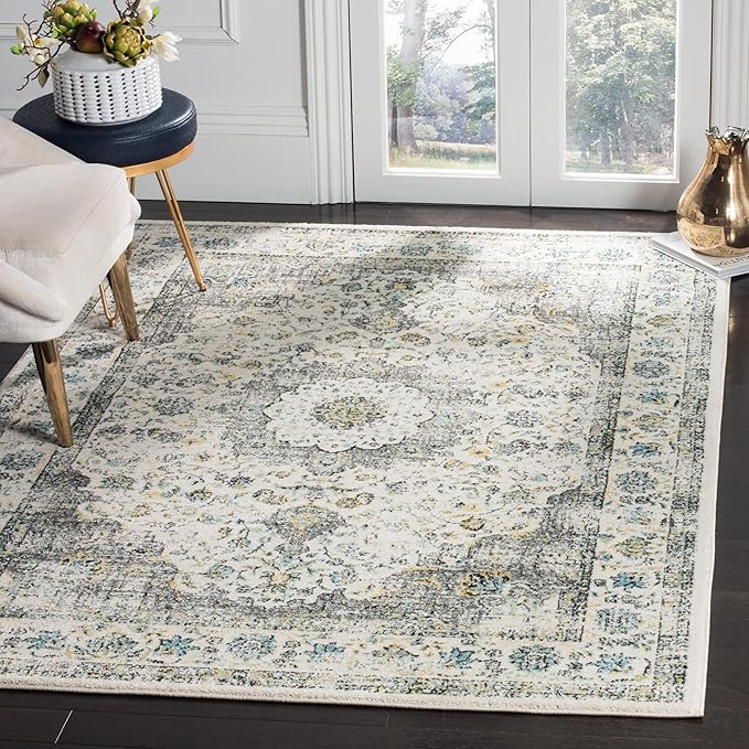 Evoke Collection Area Rug - 6'7" x 9', Ivory & Grey, Shabby Chic Oriental Medallion Design