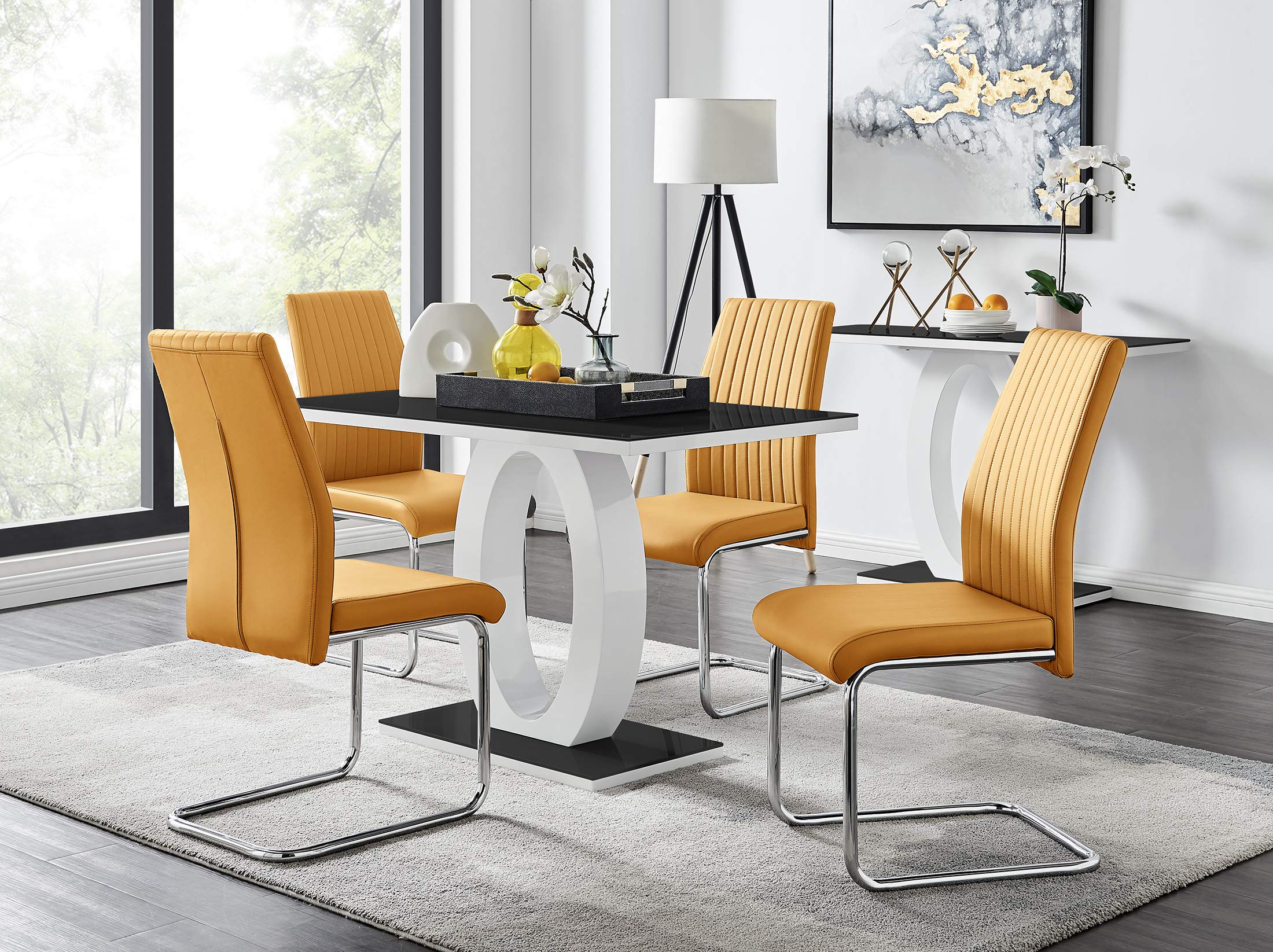 Giovani High Gloss Glass Dining Table with 4 Upholstered Chairs
