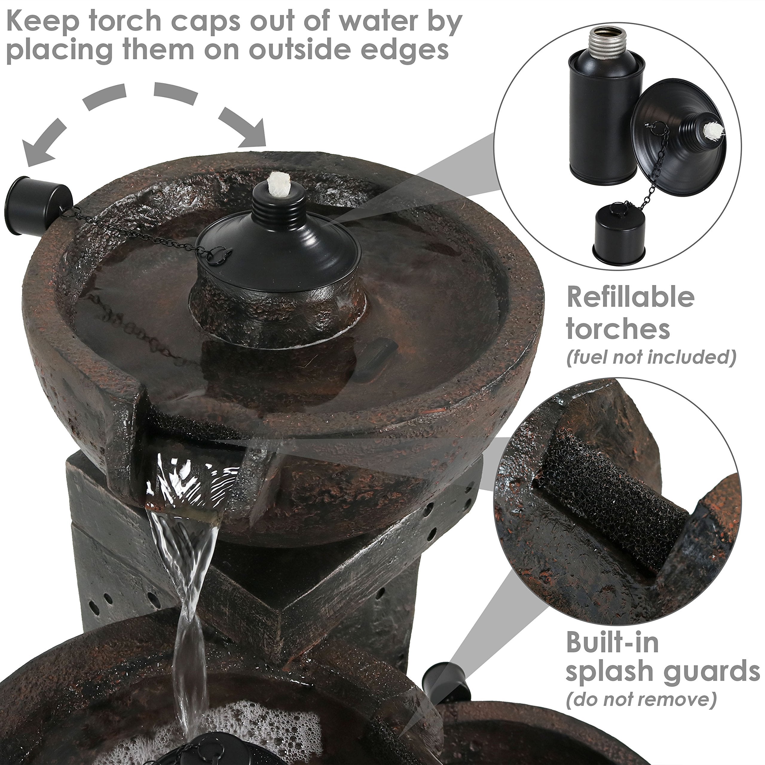 Sunnydaze Burning Bowls 34-Inch 3-Tier Outdoor Water Fountain and Fire Feature - 3 Torches - Electric Submersible Pump