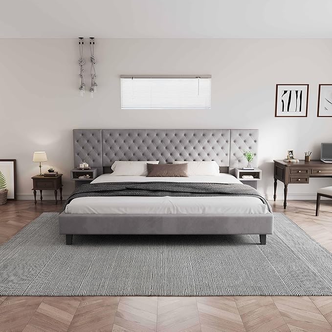 Queen Size Platform Bed with Headboard, Modern Velvet Upholstered