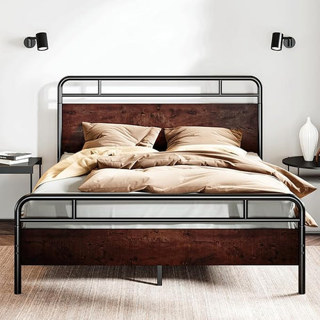 King Size Bed Frame with Wooden Headboard and Footboard, Rounded Corner Metal