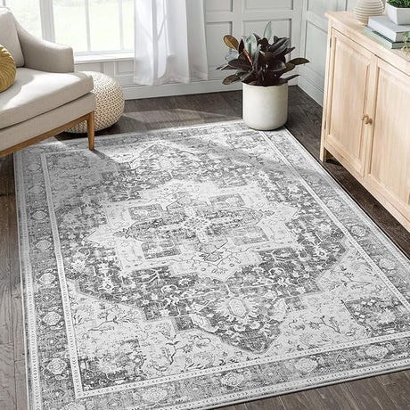 Rug 9x12 Area Rugs: Boho Vintage Distressed Oriental Medallion Neutral Thin Large Rug