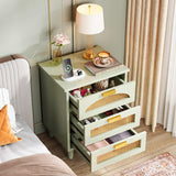 Mint Green Nightstand, 3-Drawer Rattan Night Stand Side Table, Accent Bedside Tables