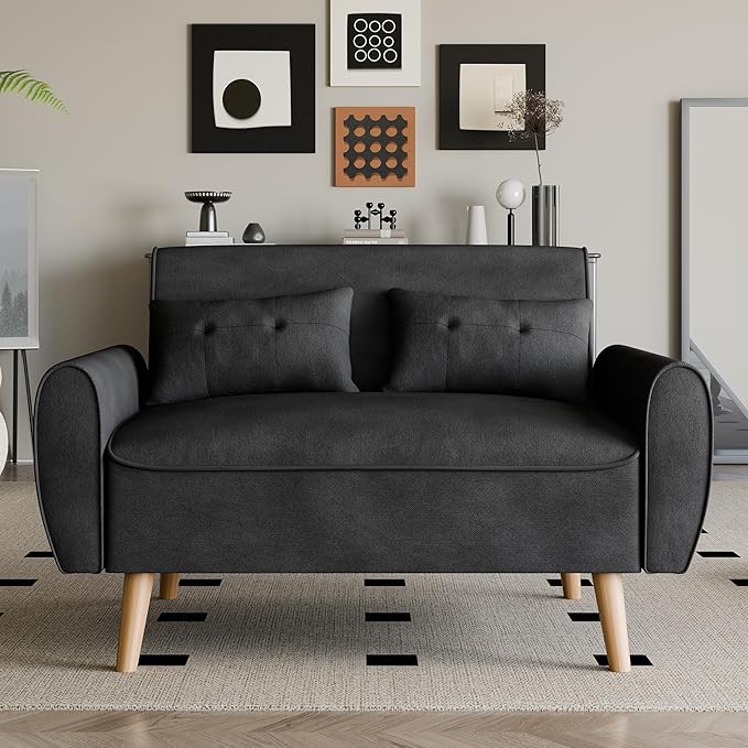 47" Small Modern Loveseat Sofa, Mid Century Linen Fabric 2-Seat Sofa
