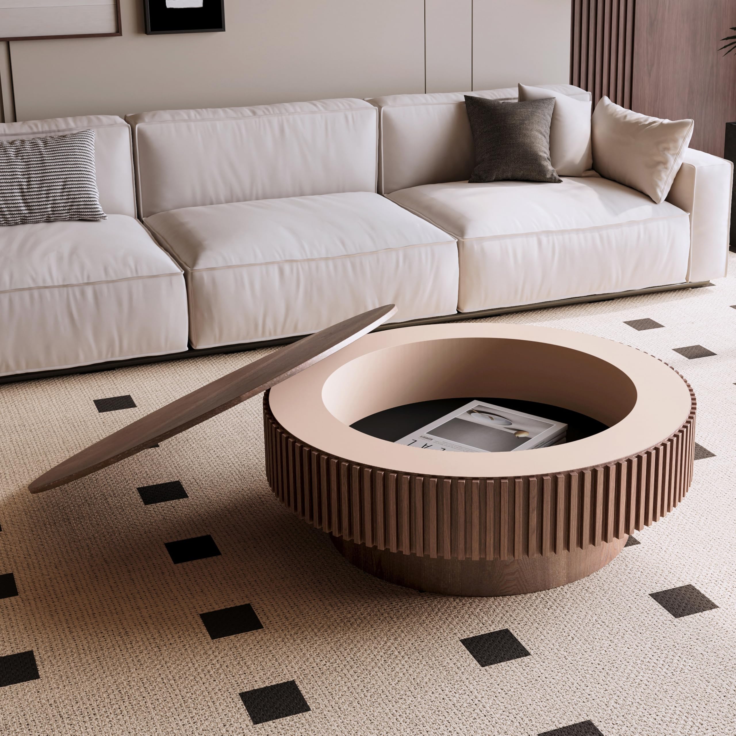 39.37'' Natural Coffee Table Modern Handcraft Drum Round Circle Wooden Solid Wood