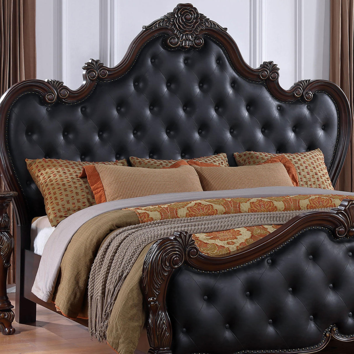 Agatha Traditional Wood Queen Bed Frame with Tufted Leatherette Headboard