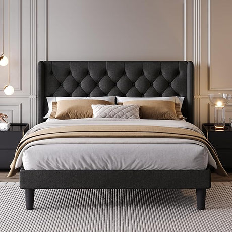 Queen Size Upholstered Platform Bed Frame with Wingback Headboard,