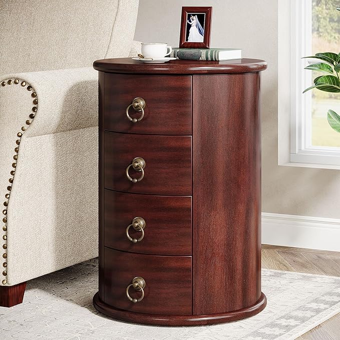 Solid Wood End Table, Round Side Table with 4 Drawers, Vintage Bedside Table