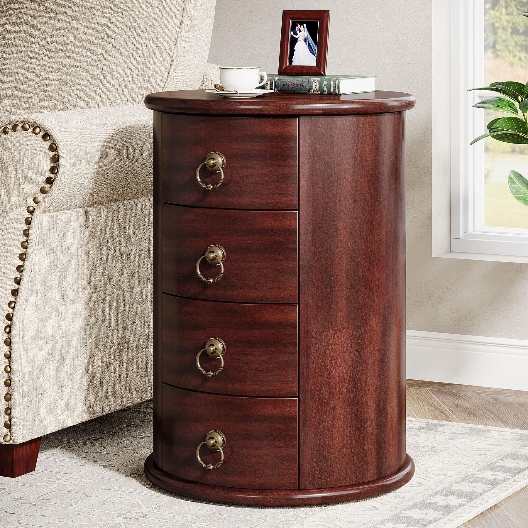 Solid Wood End Table, Round Side Table with 4 Drawers, Vintage Bedside Table