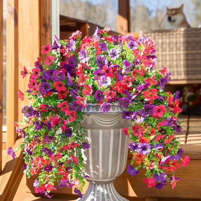 Artificial Flowers for Outdoors Fake Hanging Decoration, 2Pcs Hotpink Spring Decor