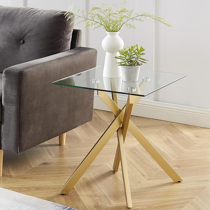 Modern Style Square Side Table with Tempered Glass Top and Metal Tubular Legs