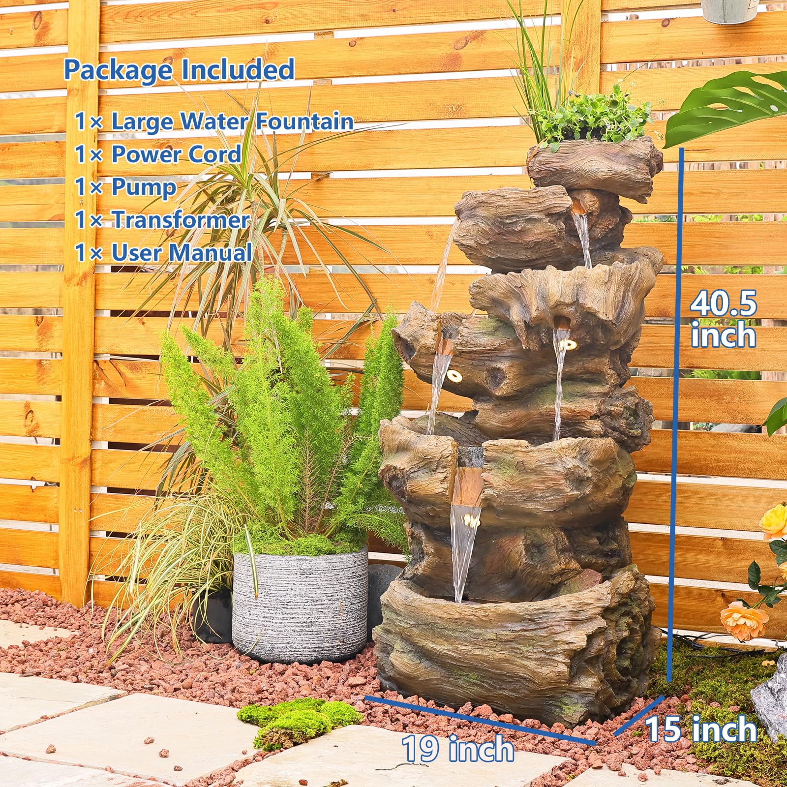 Wood Waterfall Fountain Outdoor 5 Tiers Large Cascading Rock Waterfall Outdoor